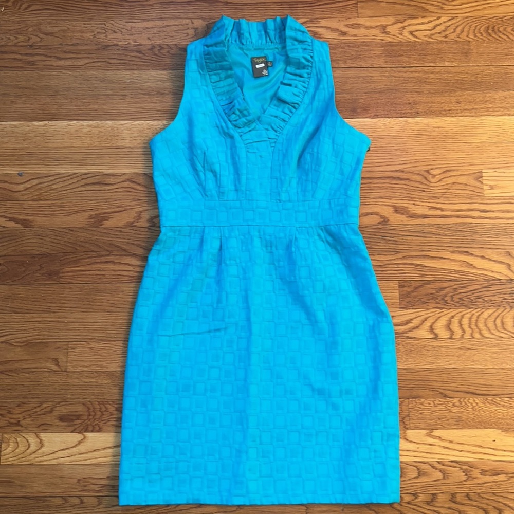 Taylor Ruffled Collar Teal Square Pattern Lined D… - image 8